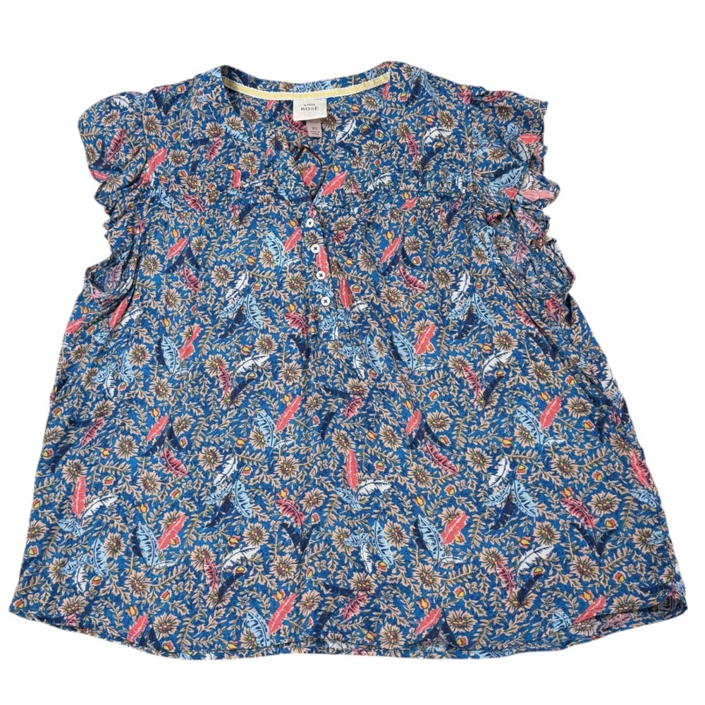 Knox Rose Women XL Off the Coast Blue Floral Feather Flutter Sleeve Boho NWT‎